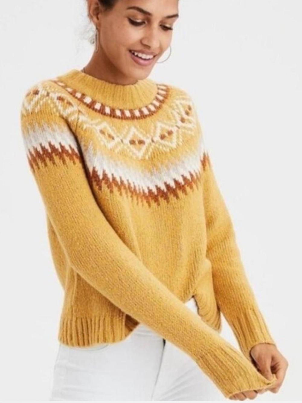 American Eagle Mustard Yellow Fair Isle Crewneck Sweater